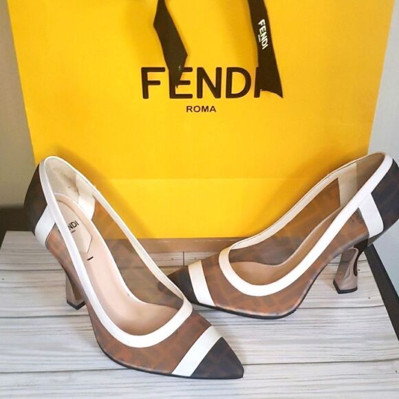 FENDI Colibri FF Monogram Mesh And Leather Heels - Picture 3 of 12